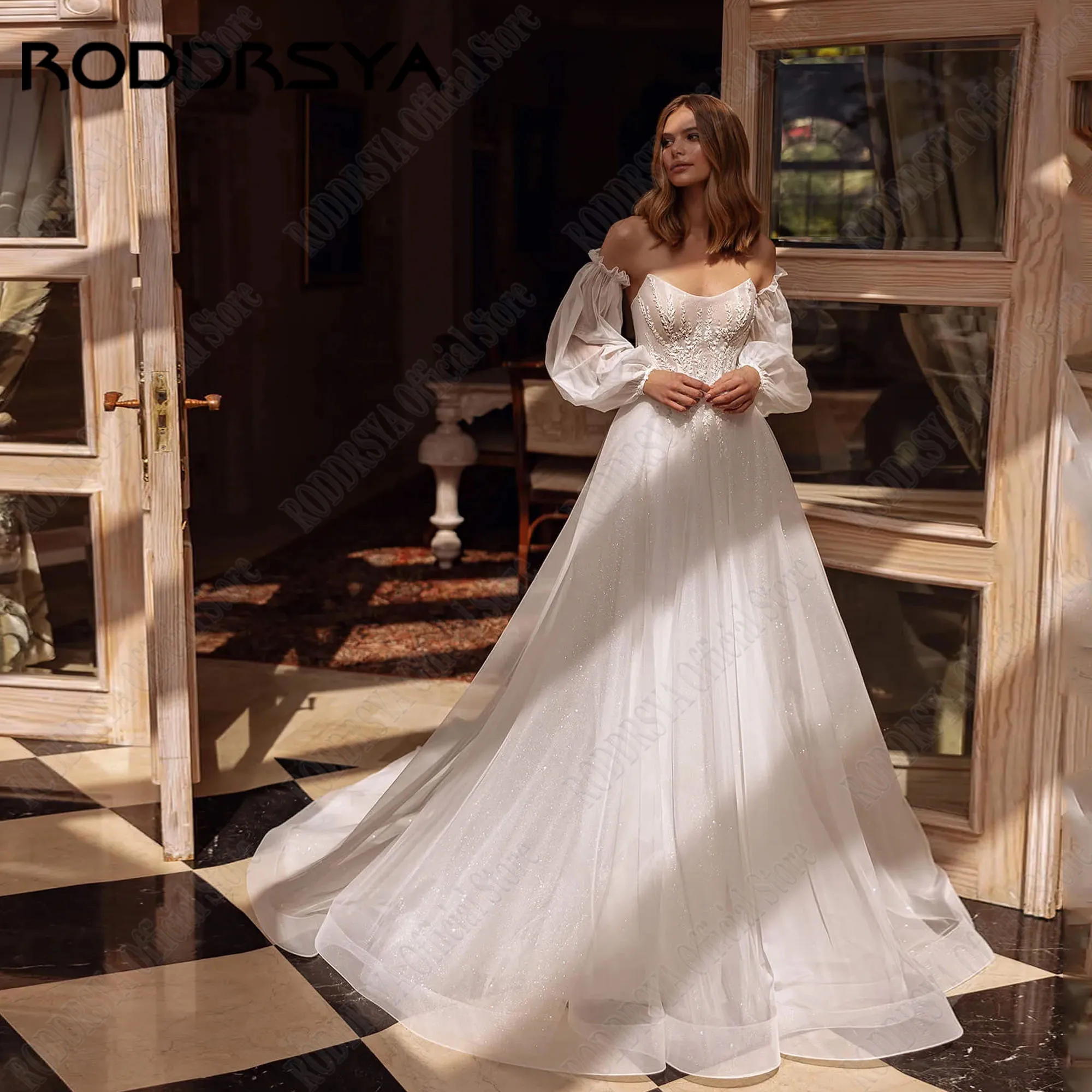 

RODDRSYA Sparkling Wedding Dresses Detachable Sleeve Strapless A-line Bridal Gown Appliques Customized Backless Bride Dress