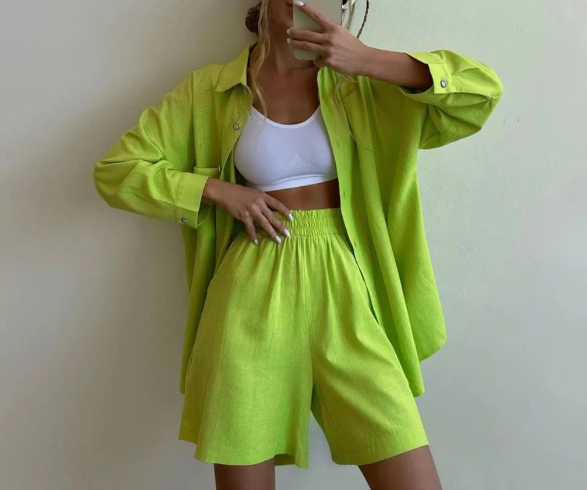 

Casual Long Sve irt And orts Set Single Button Loose Faionable Women's Ensemble Polyester Fabric Summer Collection