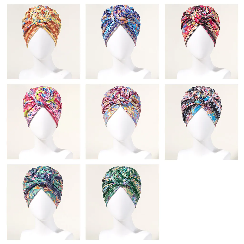 Bohemian Hijab Hat for Women Retro Tape Hijab Color Swirl Flower Islamic Clothing Snail Warp New Fashion