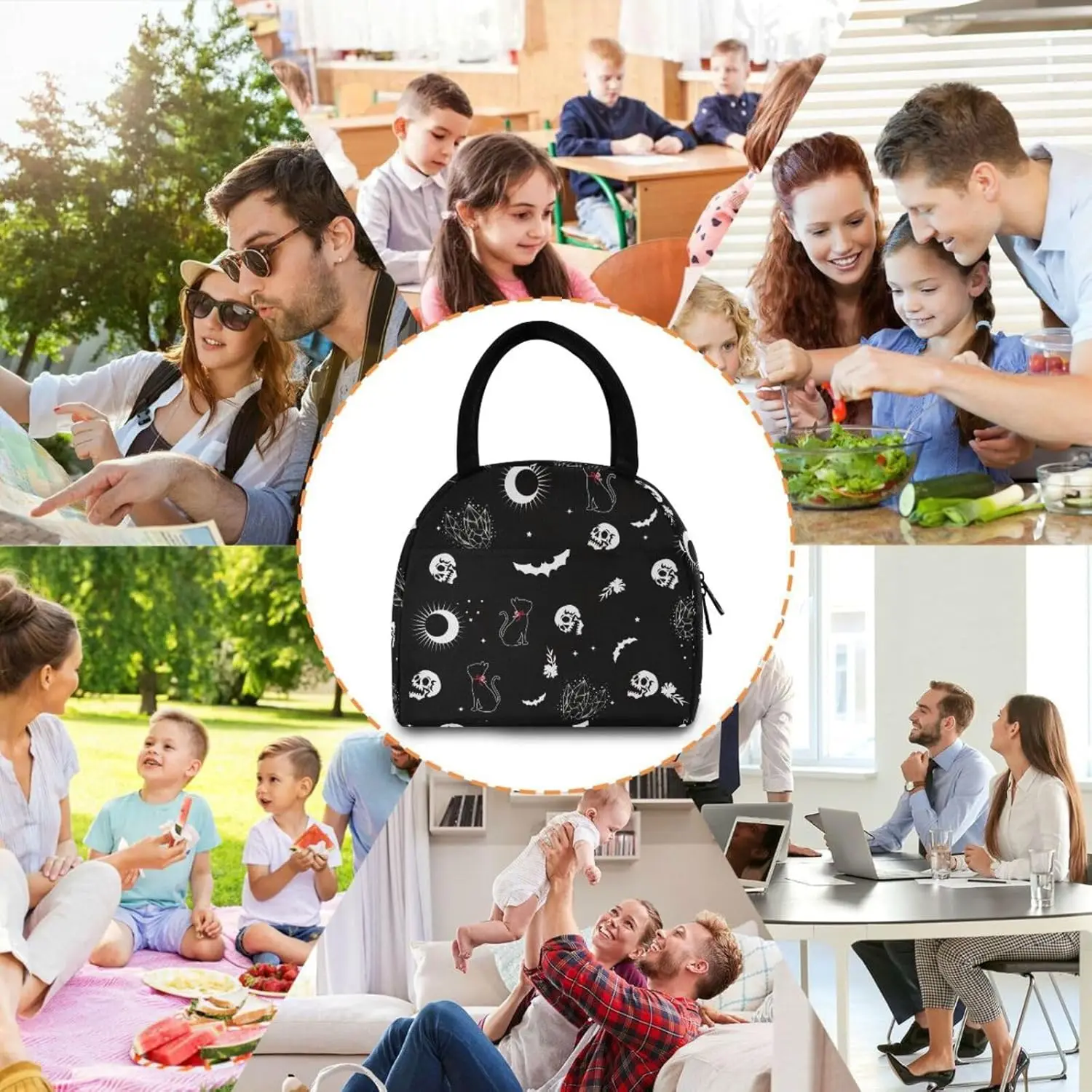 Isolierte Lunchtasche mit Totenkopf-Motiv, Katze und Mond, Gothic, für Reisen, Picknick, langlebige Taschen, Einkaufsbox für Frauen, Büro, Arbeit, Schule, Picknick, Wandern