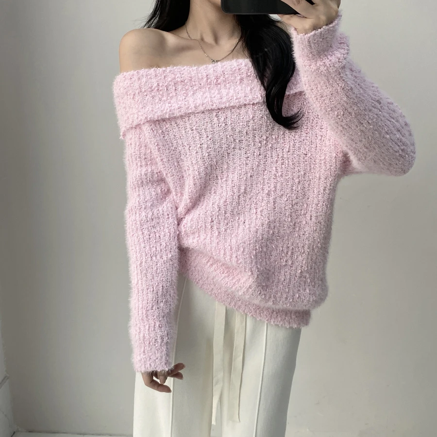 2024 Fall Winter Korean Sweet Knitted Sweater For Women Solid Off Shoulder Slash Neck Pullover Chic Soft Loose Female Jumper