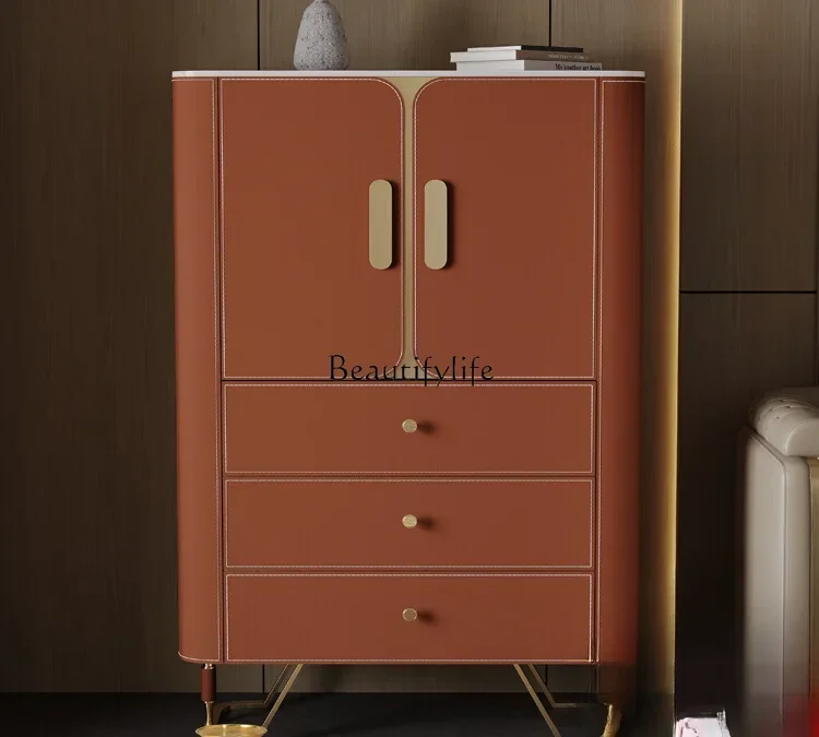 

yj58 Light Luxury Stone Plate Sideboard Cabinet Modern Living Room Storage Organizer Saddle Leather Sofa Side Cabinet