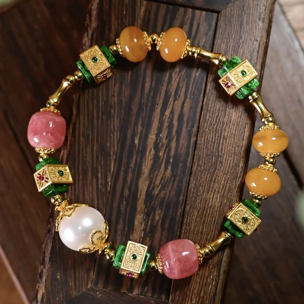 Natural Chinese‑Style Multi‑Gem Bracelet, Amber Emerald Rhodochrosite Freshwater Pearl, Gold‑Plated S925 Silver Bracelet