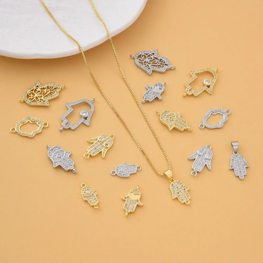 4 Pcs Pave Inlay Zircon Palm Eye Hollow Connector DIY Jewelry Accessories Bracelet Necklace Making Copper Plated Charm Wholesale