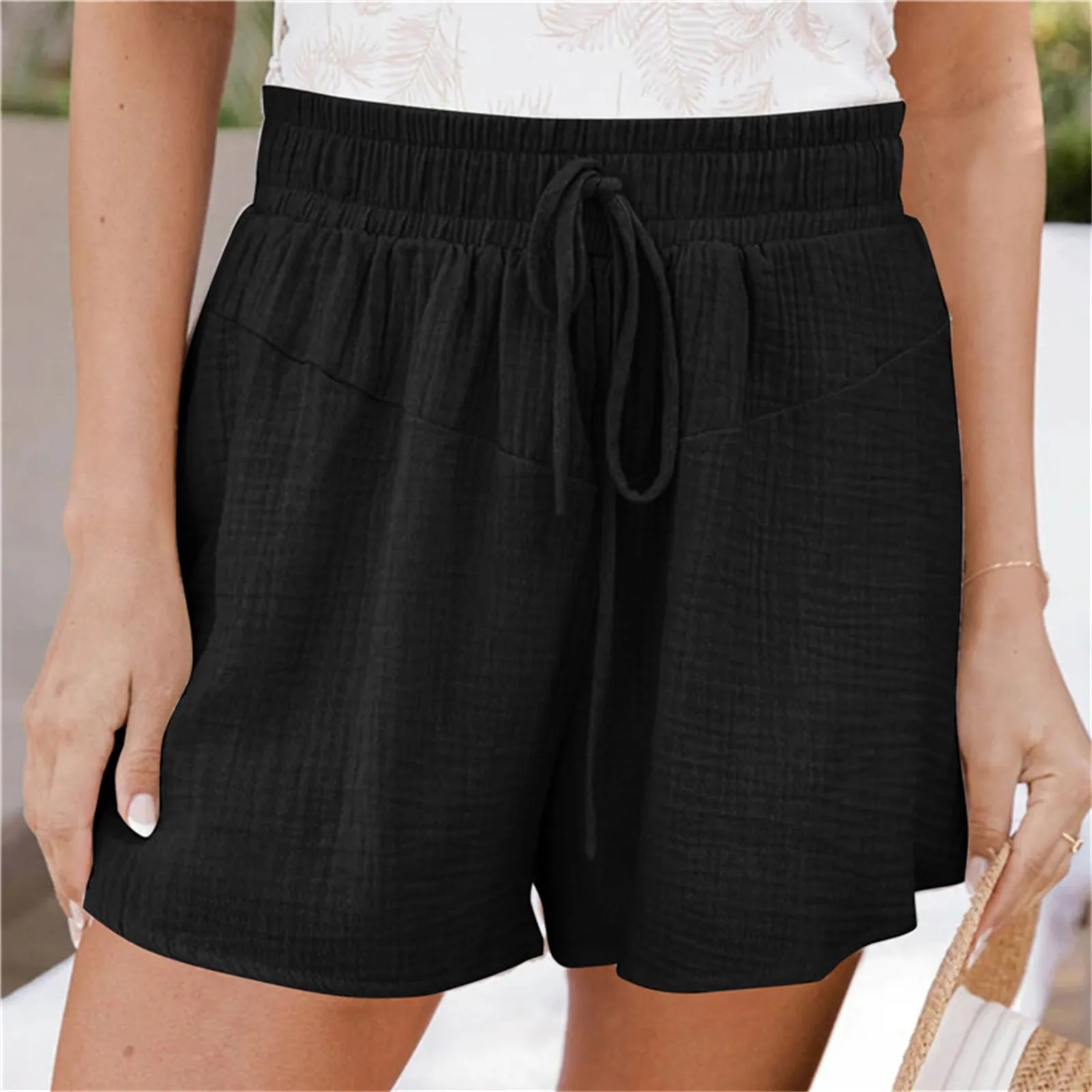 

Summer Loose Casual Shorts For Women Elastic High Waist Drawstring Cotton Linen Short Trouser Holiday Beach Female Sports Pants