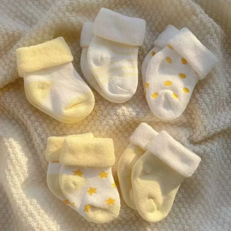 5pairs 0-3Y Yellow Socks Newborn Winter Feet Warm Polka Dot Print Toddlers Baby Cotton Socks Kids Short  Socken Baby Clothing