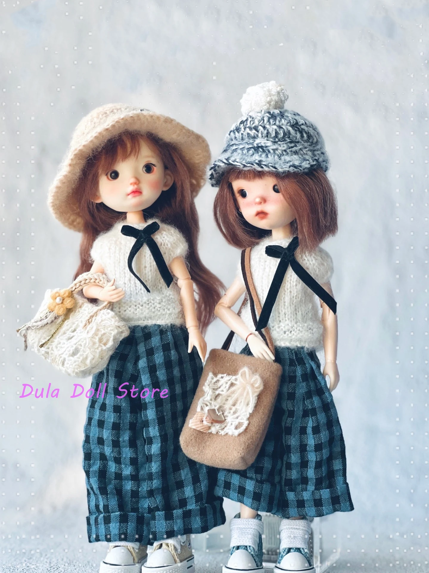 Dula 人形服ブルーチェック柄ワイドレッグパンツとニット帽子セットブライス ob24 ob22 ICY JerryB 1/6 人形アクセサリー用