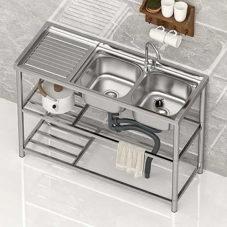 Free Standing Stainless Steel Kitchen Sinks Double Bowl Washing Hand Basin Station Sink With Storage Shelves