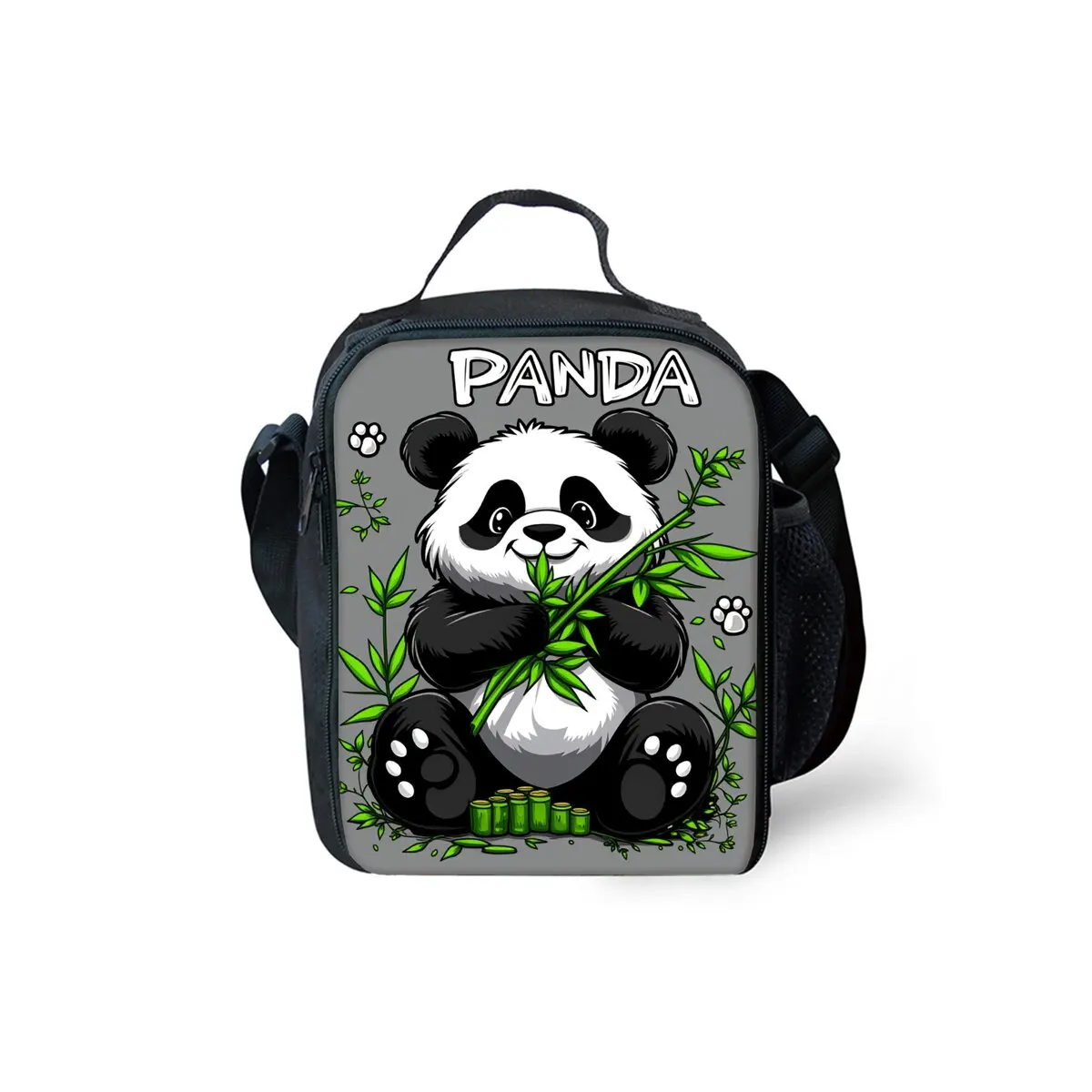 Panda Bamboo Print Shoulder Strap Insulated Lunch Bags 2D Flat Cartoon Boy/Girls Picnic Food Preservation Lunch Box Bag Thermal