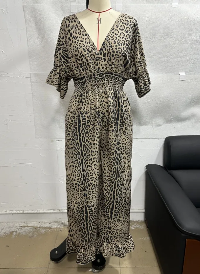 Американская европейская новая мода 2025 года, женские повседневные модные свободные широкие прямые комбинезоны с леопардовым принтом и v-образным вырезом, мужская одежда