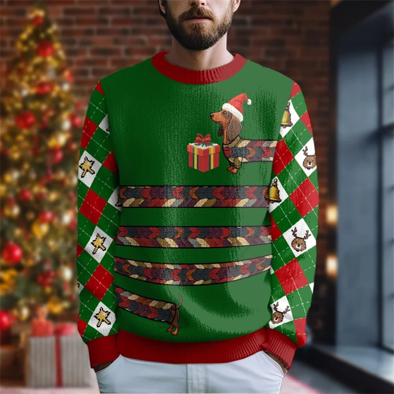 

Funny Dachshund Pattern Ugly Christmas Sweater For Men Fashion Xmas Holiday 3D Printed Sweatshirts Casual Crew Neck Pullovers