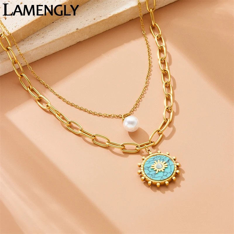 LAMENGLY High Quality 316l Stainless Steel Dual Chain Design Turquoise Geometric Clock Sun Pendant Necklace Women Jewelry Gift