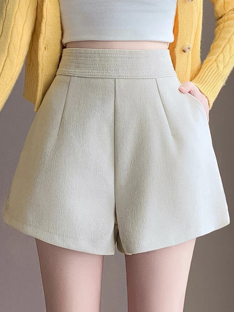 

Woolen wide leg shorts for women's autumn and winter new high waist slimming casual thick A-line spicy girl boots and pants