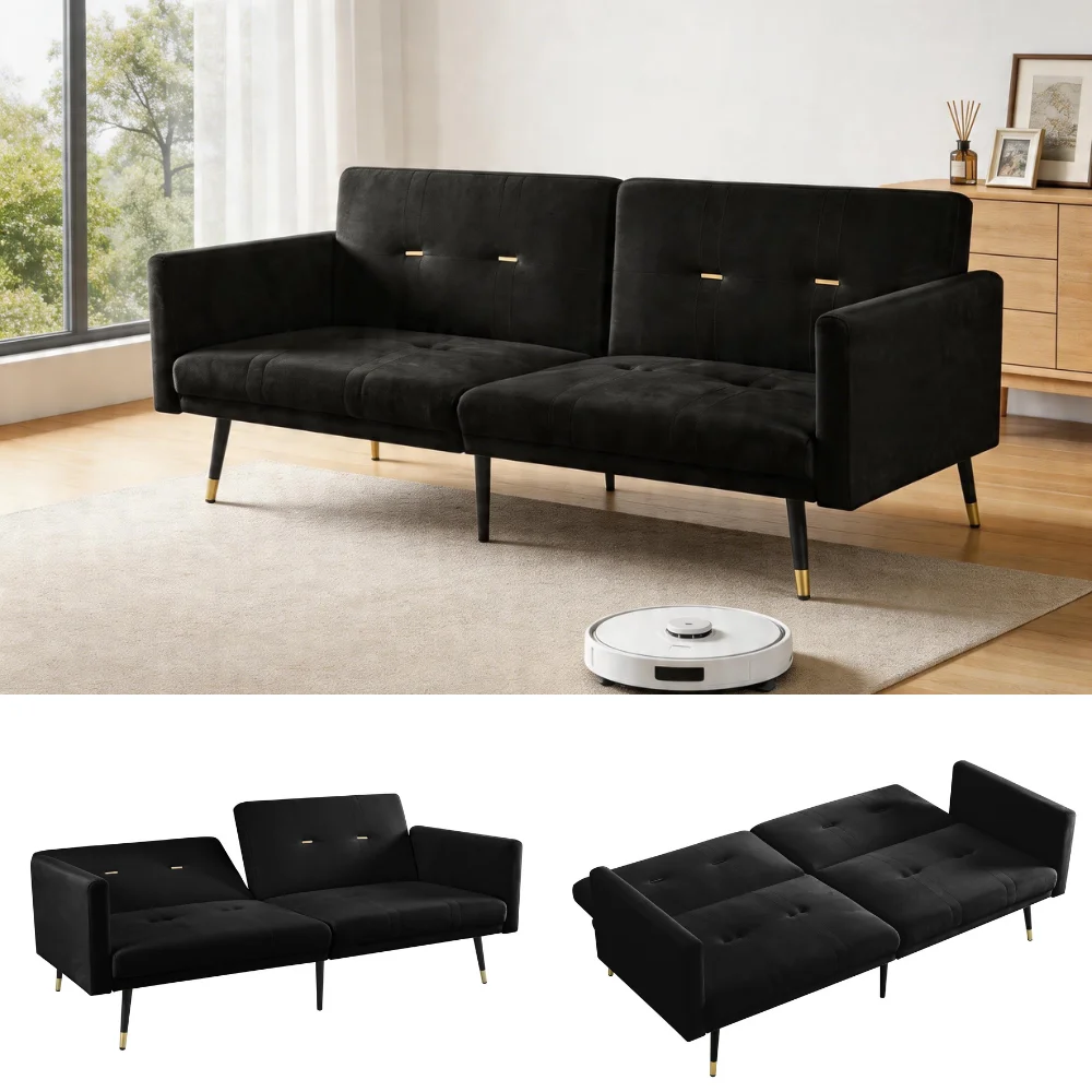 Sofá Cama 2 en 1, Sofá Plegable Multifuncional con Respaldo Ajustable, Sofá Convertible para Sala de Estar y Dormitorio, Negro