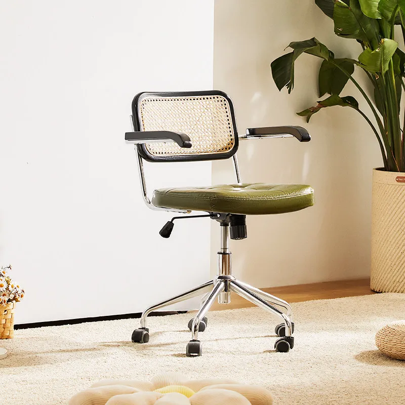 tq-Vintage Rattan Office Chair Swivel Ergonomic Computer Chair Adjustable Height Home Study