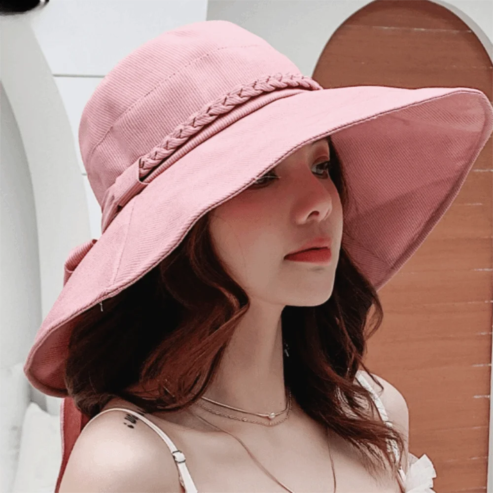 

Portable Wide Brimmed Women's Sun Hat with Bowknot Casual Sunscreen Visor Cap Foldable Soft Bucket Hat Street Wear