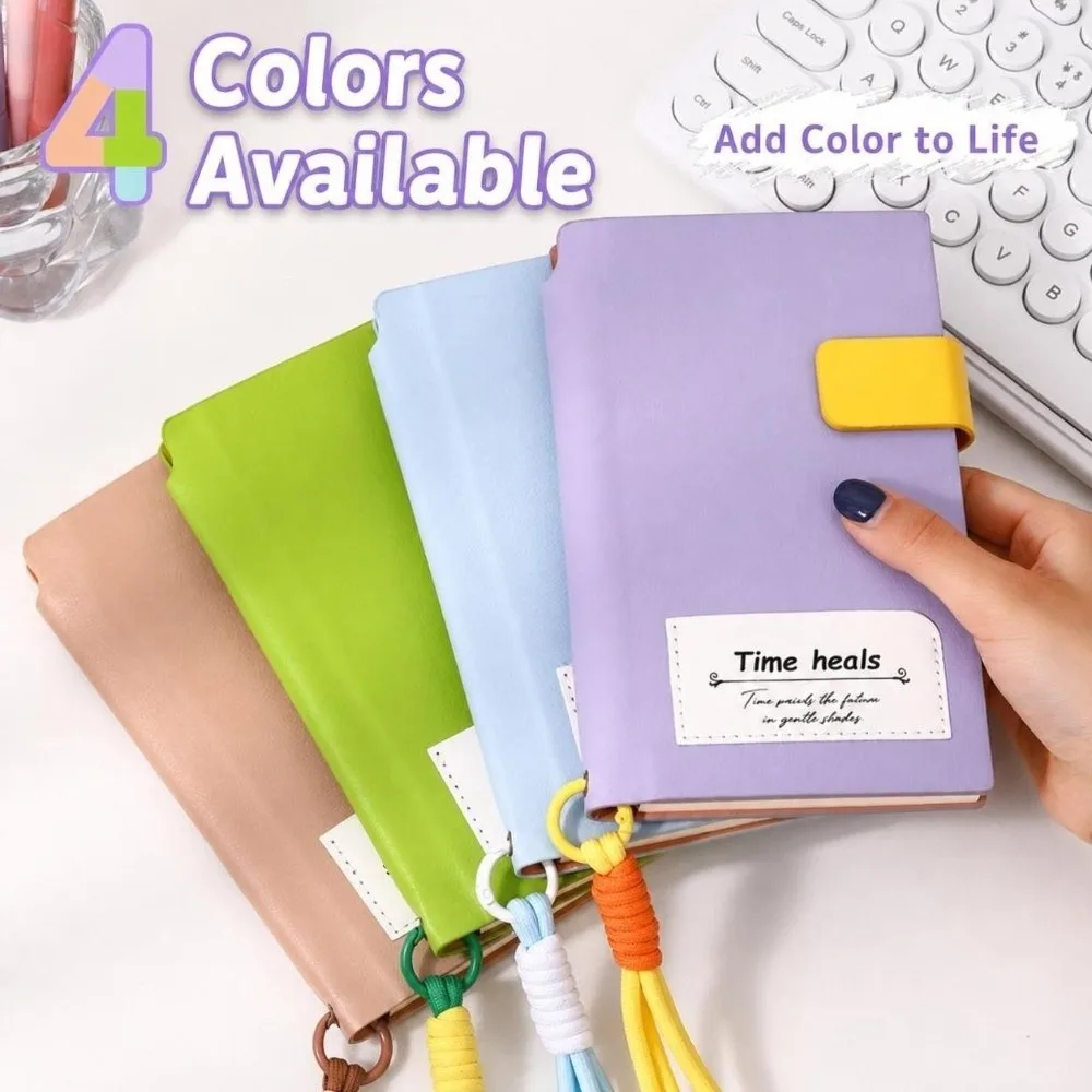 Portable A6 Notebook Lined Paper Color-blocking Lined Notebook Snap Button Closure with Lanyard Pocket Memo Book Student