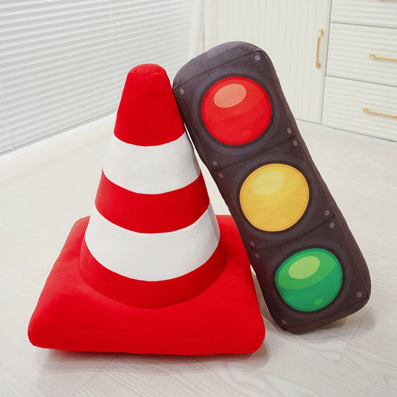 Plush Traffic Pillow,Stuffed Car Tyre Roadblock Signal Lamp STOP Transportation Sign Cushion Decor Plushie Children's Room Decor