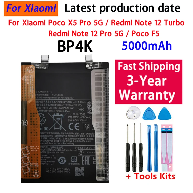 100% Replacement 5000mAh Battery BP4K For Xiaomi Redmi Note 12 Pro / Note 12T poco x5 Pro  poco F5 Batteries +Free Tools