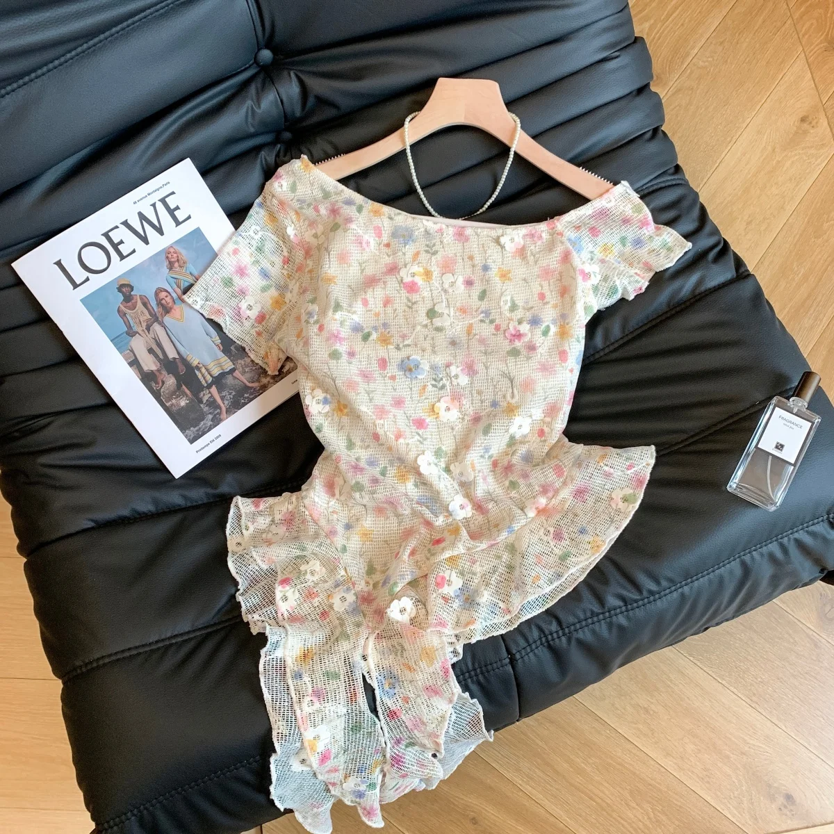 

Sweet Floral Print Asymmetrical Sash Shoulder T-Shirt Women's Lace Trim Slim Fit Summer Top Original Design Polyester Fiber