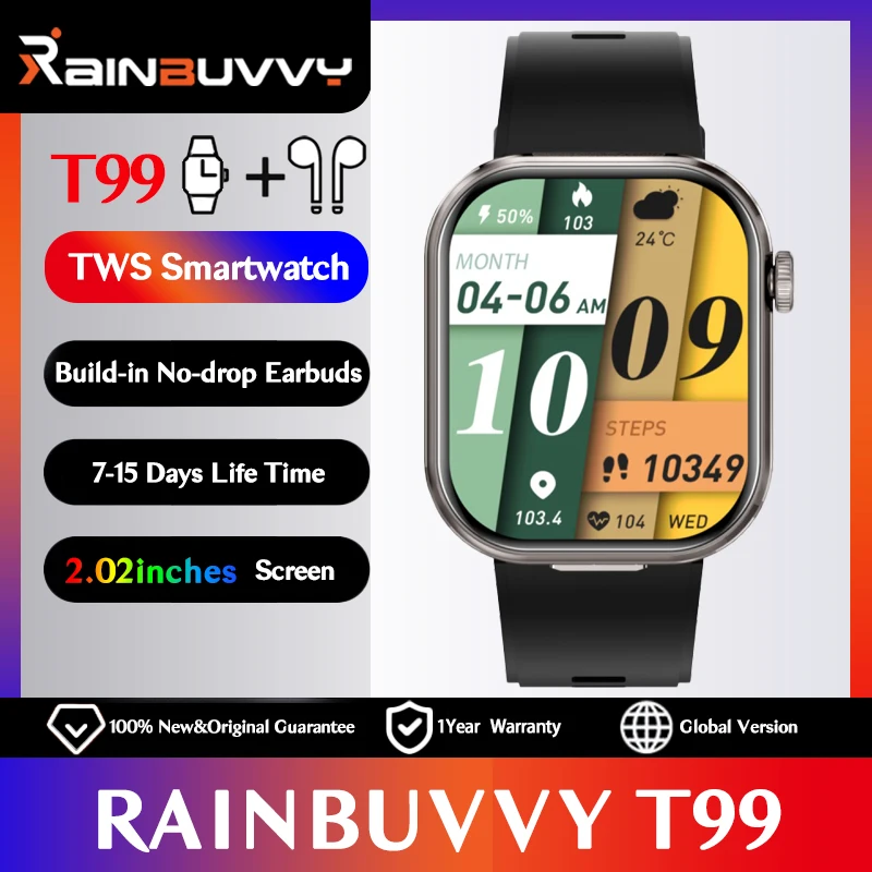 Rainbuvvy T99 TWS Smart Watch Build-in Earbuds 2.02inch Screenrt 2 IN 1 Wireless Earphones Blutooth Call Calories Smartwatch