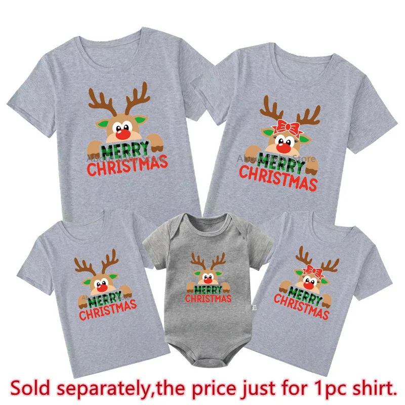 New Reindeer Merry Christmas Print Family Matching Shirts Cotton Look Dad Mom Kids Holiday Xmas T-shrits New Year\'s Outfits