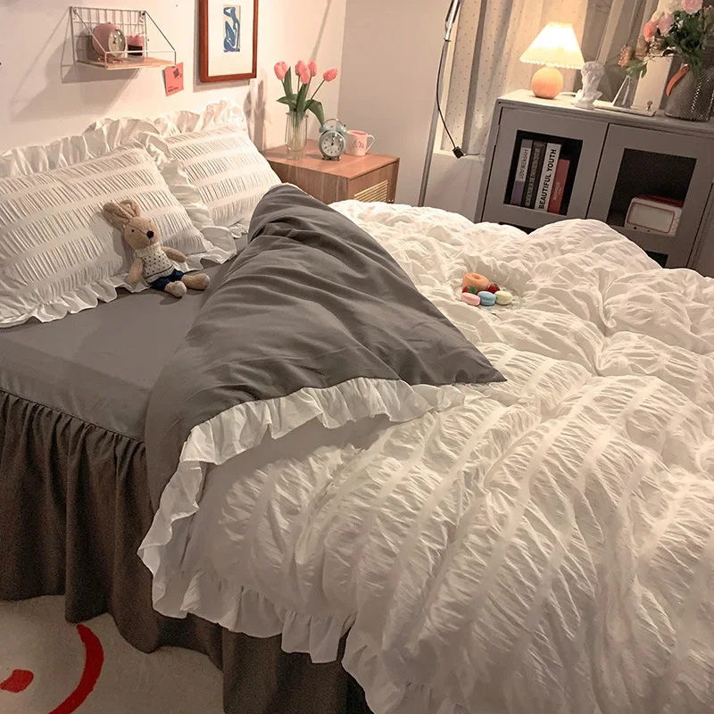 

Pink Ruffled Seersucker Duvet Cover Set 3/4pcs Soft Lightweight Down Alternative Grey Bedding with Bed Skirt and Pillowcases