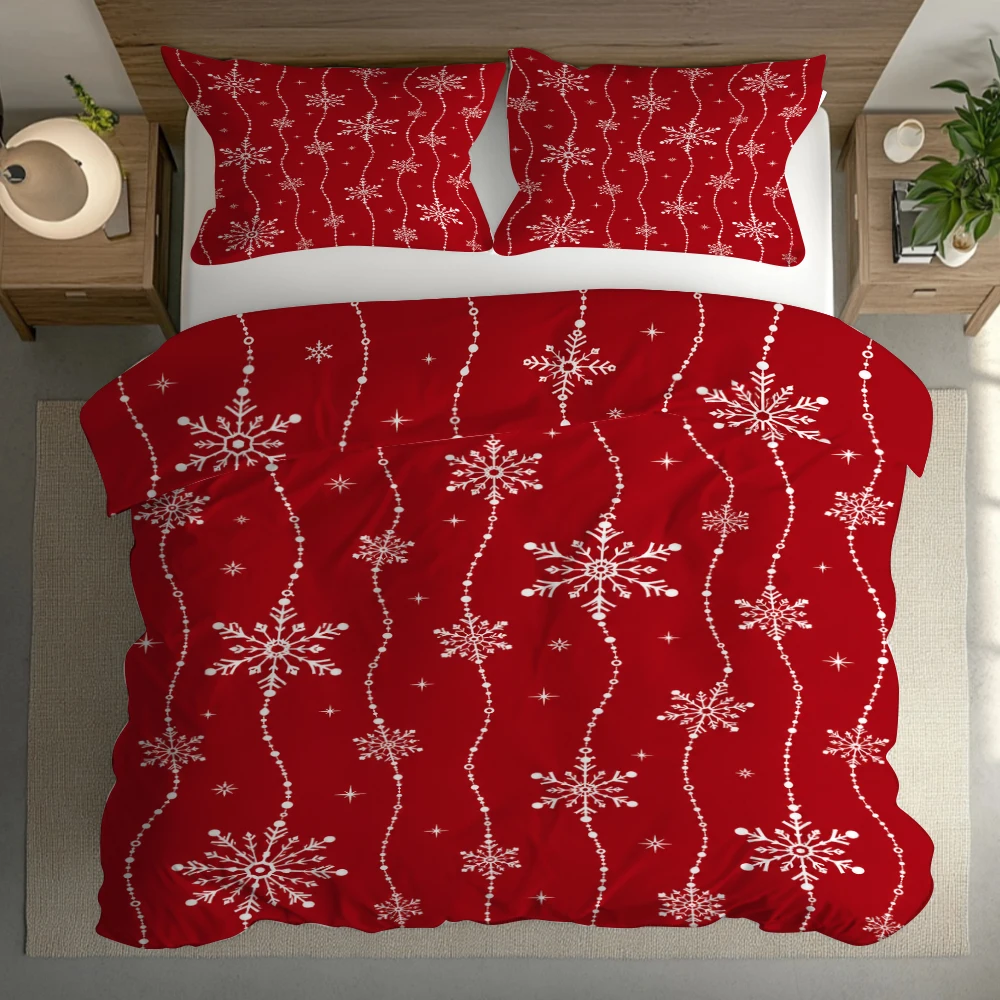 3pcs Christmas Snowflake Duvet Cover Set Red Bedding Set Comforter Cover Holiday Home Decoration Gifts