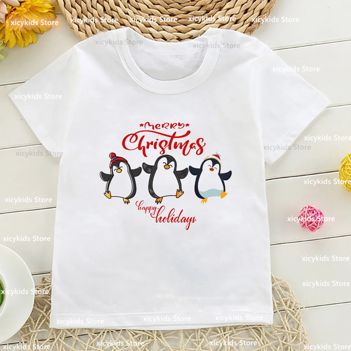 Cute Christmas Penguin,Christmas Tree Graphic Print T-Shirt Boys Children 2024 New Year Clothes Kawaii Girl Christmas Tshirt Top