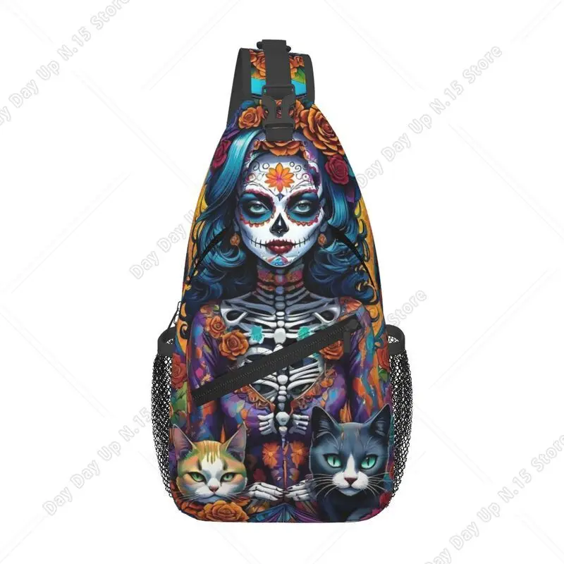 Halloween Sugar Skull Cat Lady Sling Chest Bag Custom Shoulder Crossbody Backpack for Men Traveling Daypack