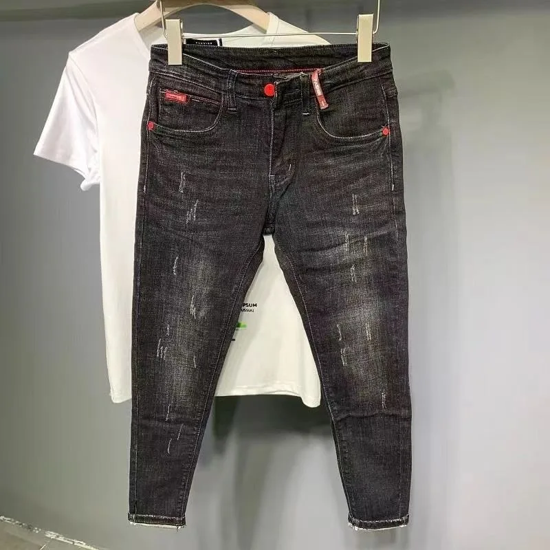 Men's Clothing Spring and Autumn high quality light gray Fashion Brand Tiger Head Hot Drilling Printed Slim Fit Handsome Jeans