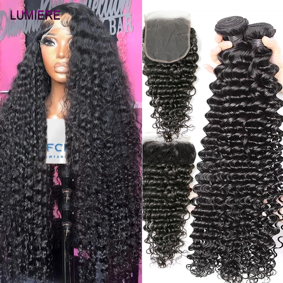 32 40 "Deep Curly Wave Menschliches Haar Bundles Mit Verschluss Frontal 5X5 HD 3/4 Bundle Mit Verschluss 6x6 HD Spitze Verschluss Mit Bundle