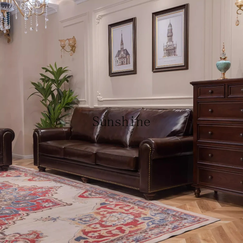 

American leather art furniture light luxury all solid wood retro living room leather sofa combination