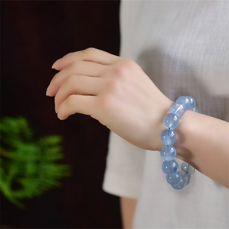 15MM Natural Clear Aquamarine Bracelet Fashion Energy Stone Reiki Healing Crystal Strand Fengshui Gift 1PCS