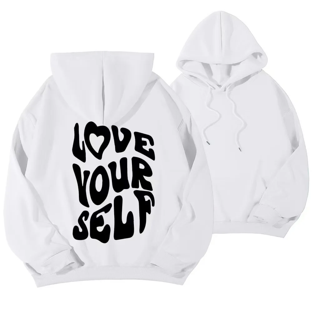 Women's fleece hooded sweatshirt 2026 new back letter print hooded sweatshirt with off shoulder sleeve thread