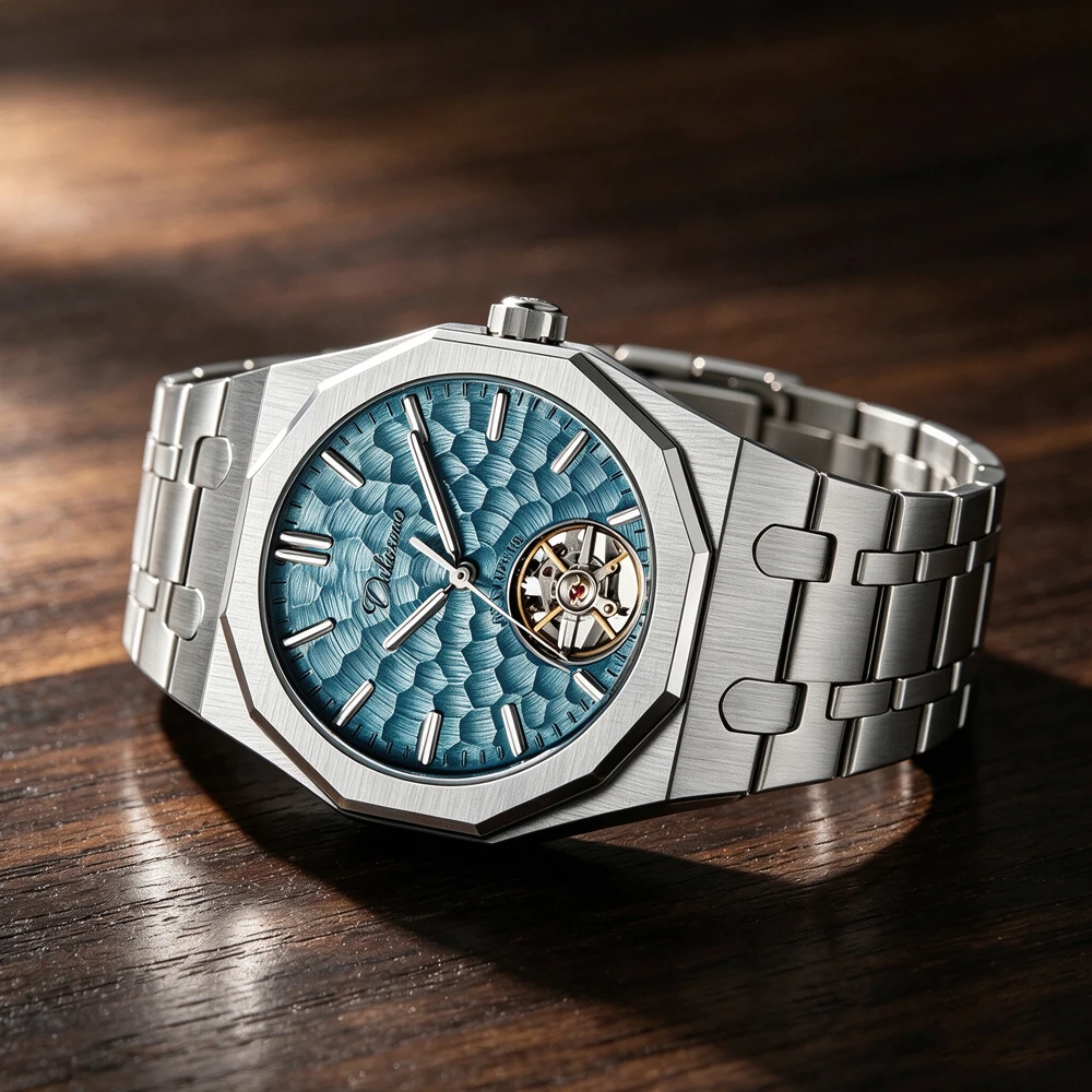 Luxury Octagon Automatic Watch for Men Textured Blue Dial Hollow Mechanical Wristwatch Steel Waterproof Tourbillon Mens Watch