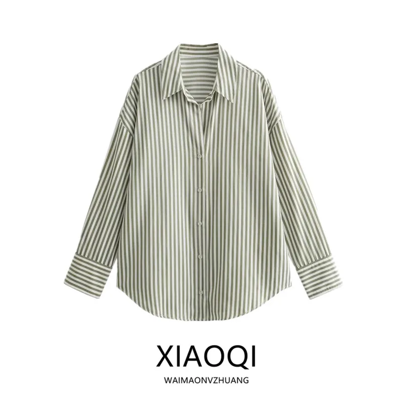 

Spring New Casual Versatile Long Sve Single Button Striped antung irt Collar Straight Cut Length Regular