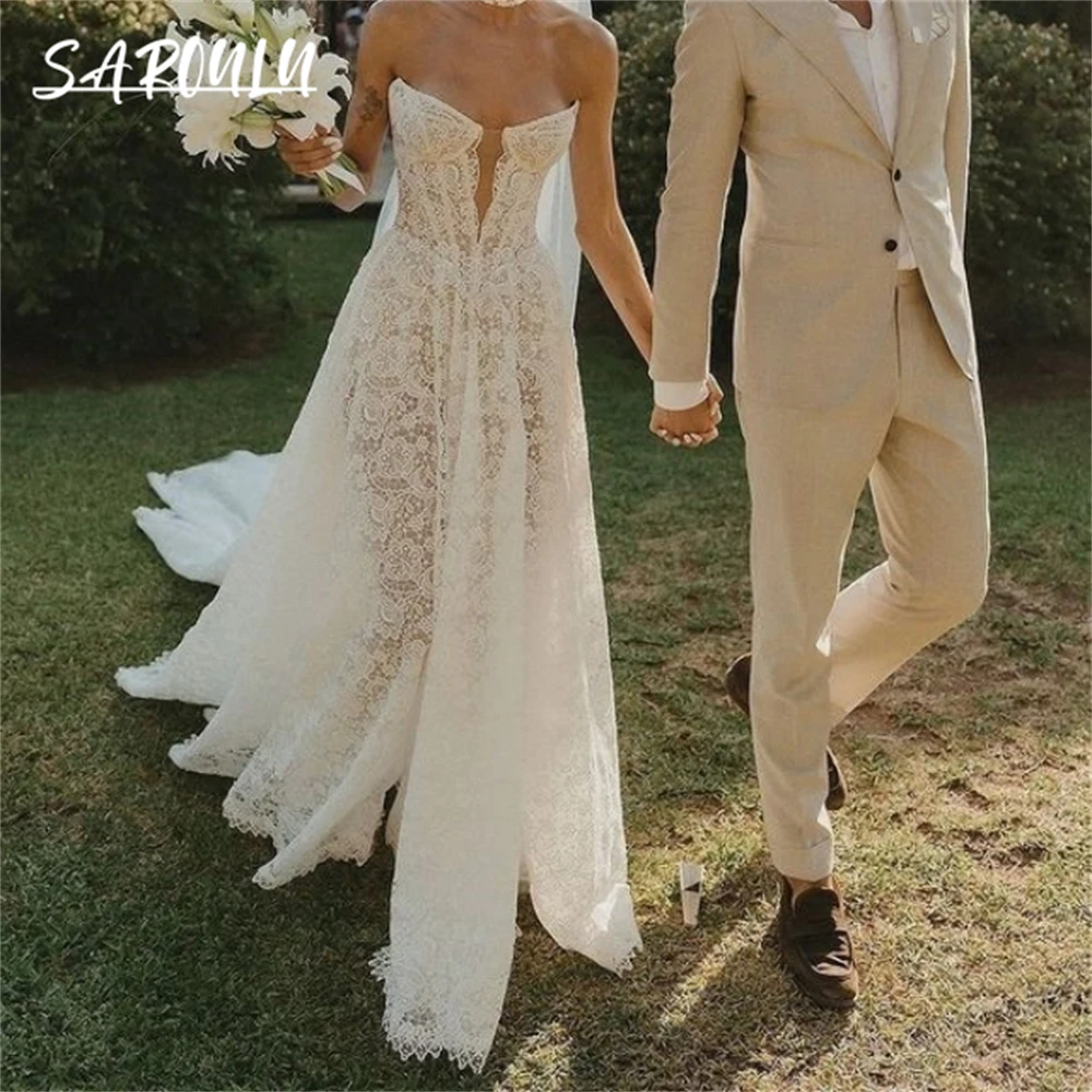 Bohemian Lace Wedding Dress Beach Strapless Customized Long Bride Dresses Masterpiece High Quality Bridal Gown with Court Train