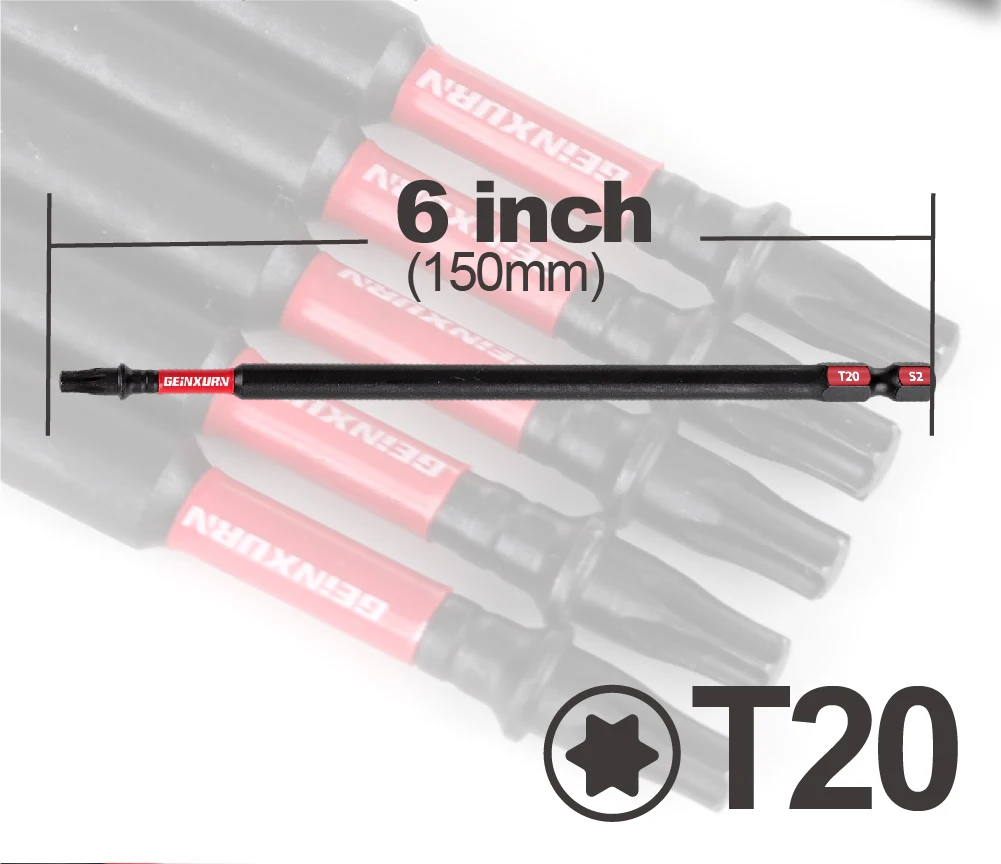 GEINXURN Impact Tough #20 Torx 6 in. Insert Driver Bits,Magnetic T20 Power Bits, S2 Alloy Steel T20 Screwdriver Bits Set Bulk