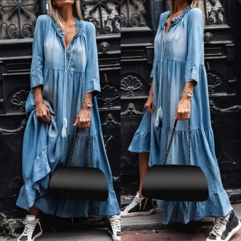 

Vintage Tassel Women 3/4 Sleeve Loose Dress Plus size dress Denim apparel autumn Lace V Neck Large Hem Maxi Denim Dress