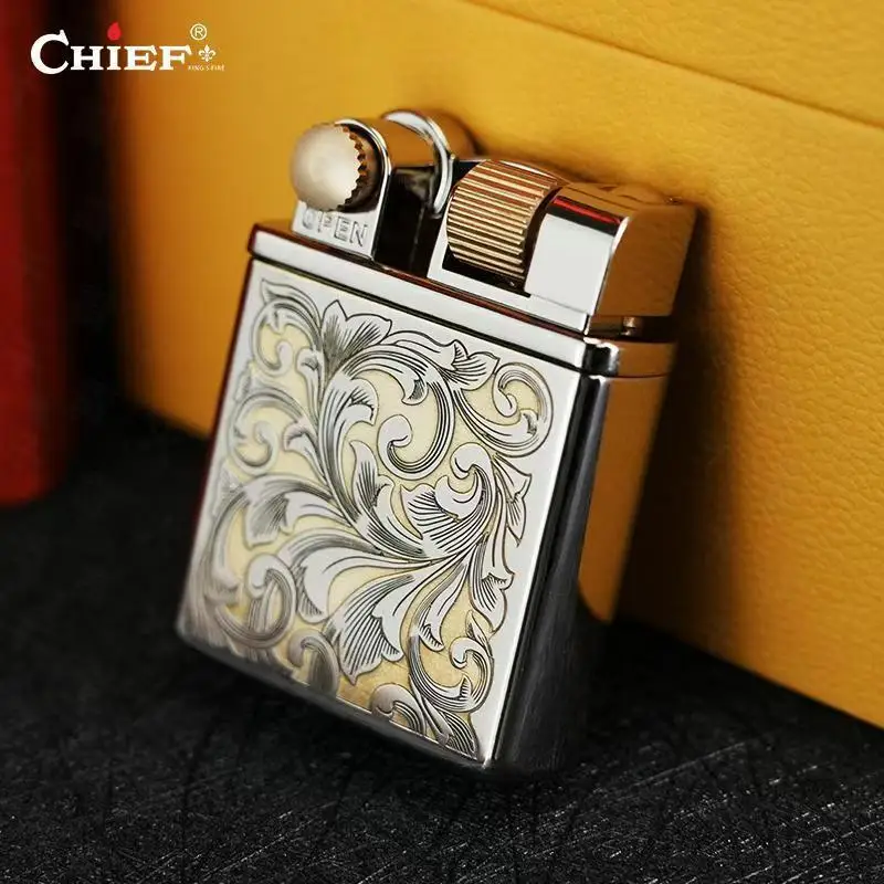 CHIEF new press button ignition fuel lighter, brass carved lighter, cigarette accessories, men's gift