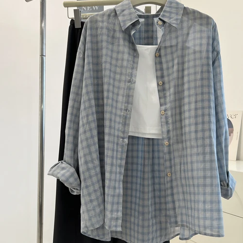 여성 여름 루즈핏 긴 소매 통기성 카디건 자켓 300lbs 격자 무늬 태양 보호 셔츠 의류