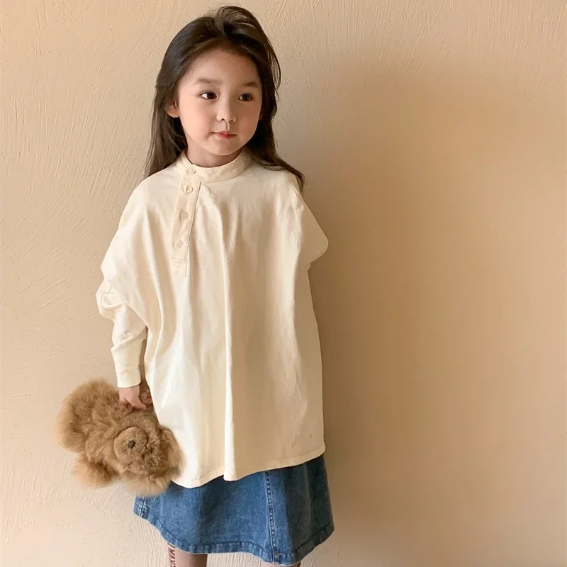 2023 Autumn New Girls\' Loose Sweater Mid-Length Cotton Fashionable Stand Collar Fashionable Children\'s Clothing