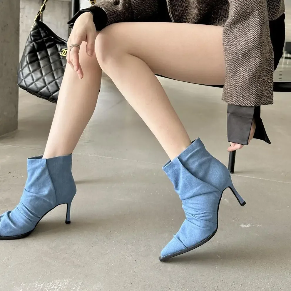 Women Ankle Booties Solid Color Concise High Heels Fashion Pointed Toe Pleated Shoes Slip On Cozy Ladies Boots INS Hot Sale New