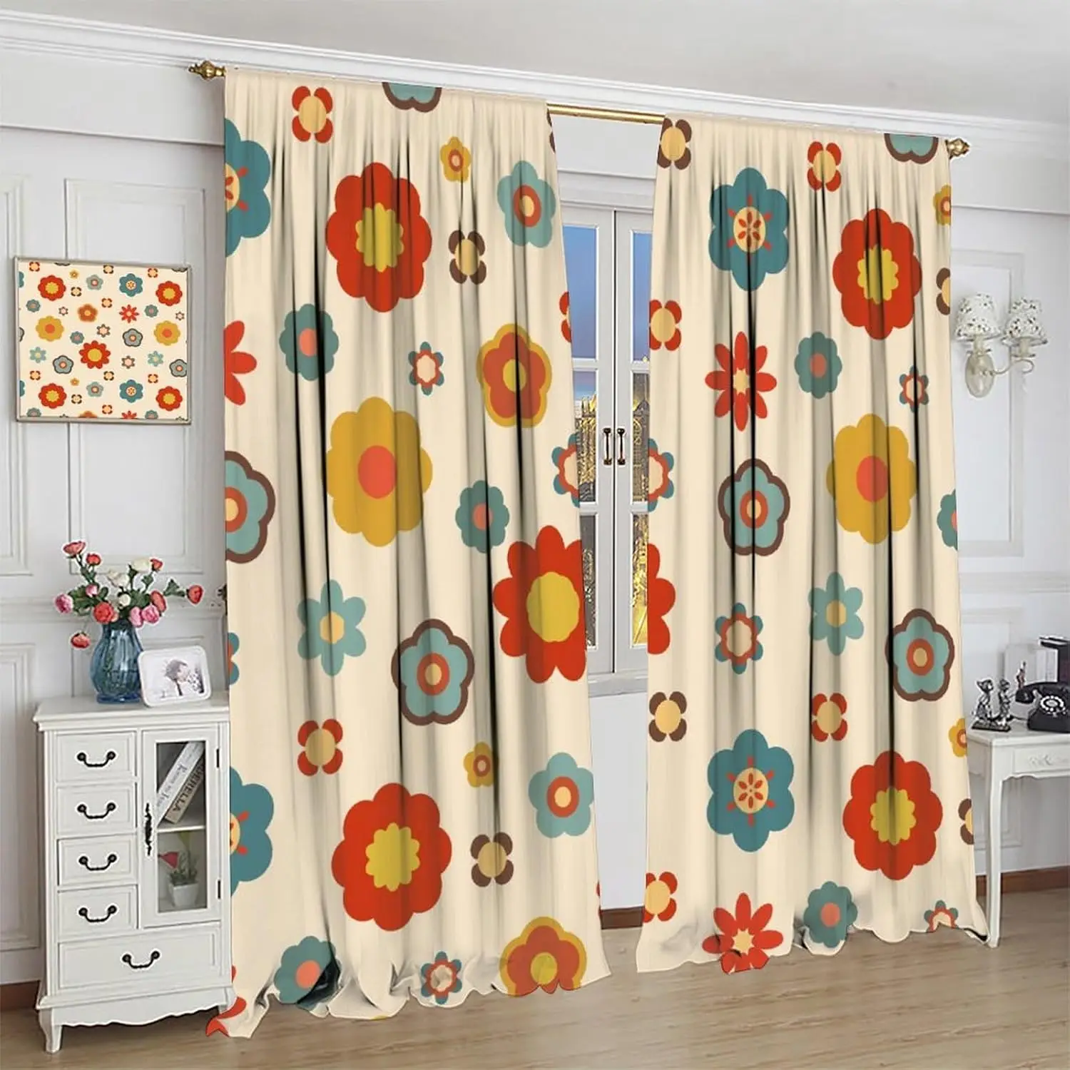 Retro 70s Flower Curtains,Mid Century Colorful Floral Daisy Window Treatments for Bedroom Living Room Kitchen Café Room Darking