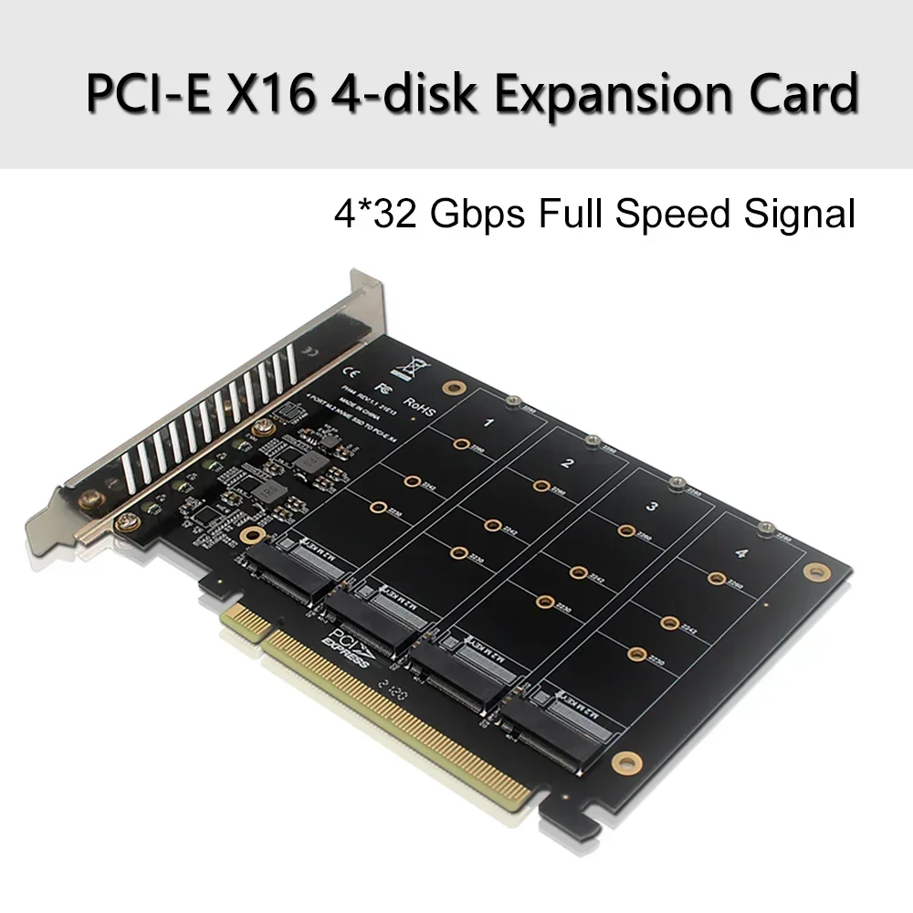 PCI-E Signal Split Array Card with 4 M.2 NVME Disk Array for SSD - High-Speed Data Transfer and Efficient Cooling fan