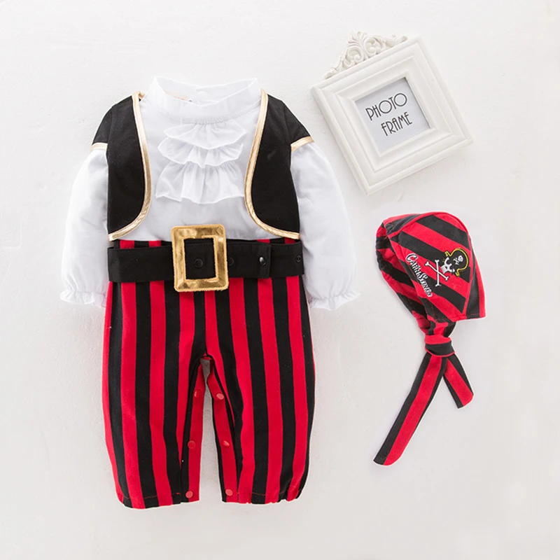 Baby Boys Girls Captain Pirate Costume Infant Toddler Romper Jumpsuit Umorden Halloween Purim Party Fancy Dress Red Stripe