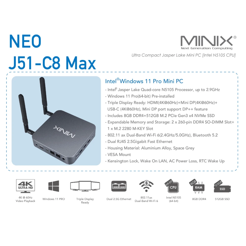 MINIX J51-C8 Mini PC MAX Intel Jasper Lake N5105 8GB DDR4 256GB 512GB SSD Windows 11 pro Wifi6 BT5.2 Computer da gioco Desktop