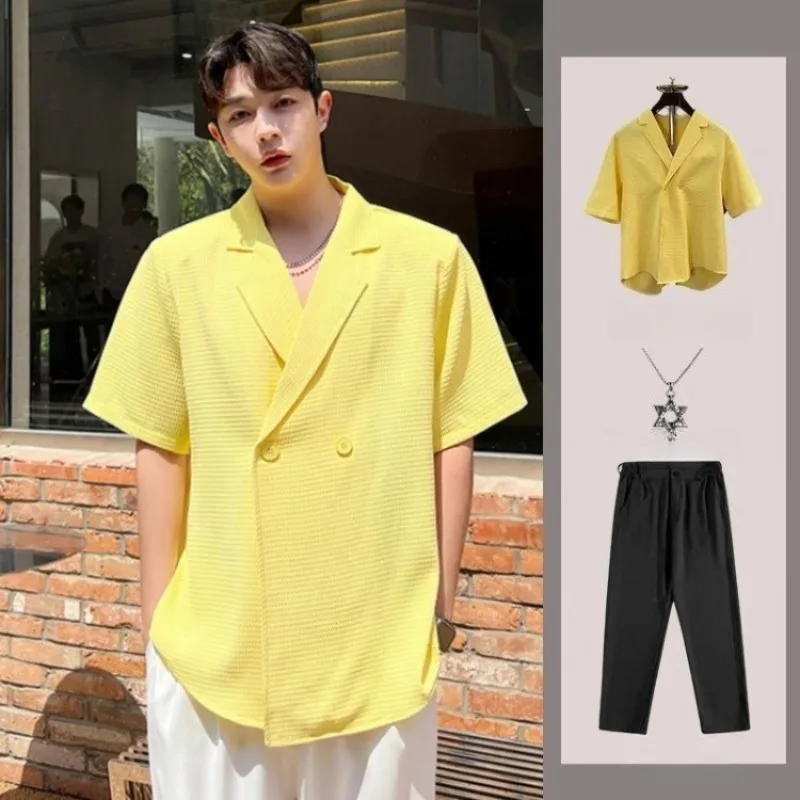 

Versatile Solid Color Ins Trend Men Suit Collar V Neck Short Sleeve Shirt Lightweight Three Piece Set Draping High End