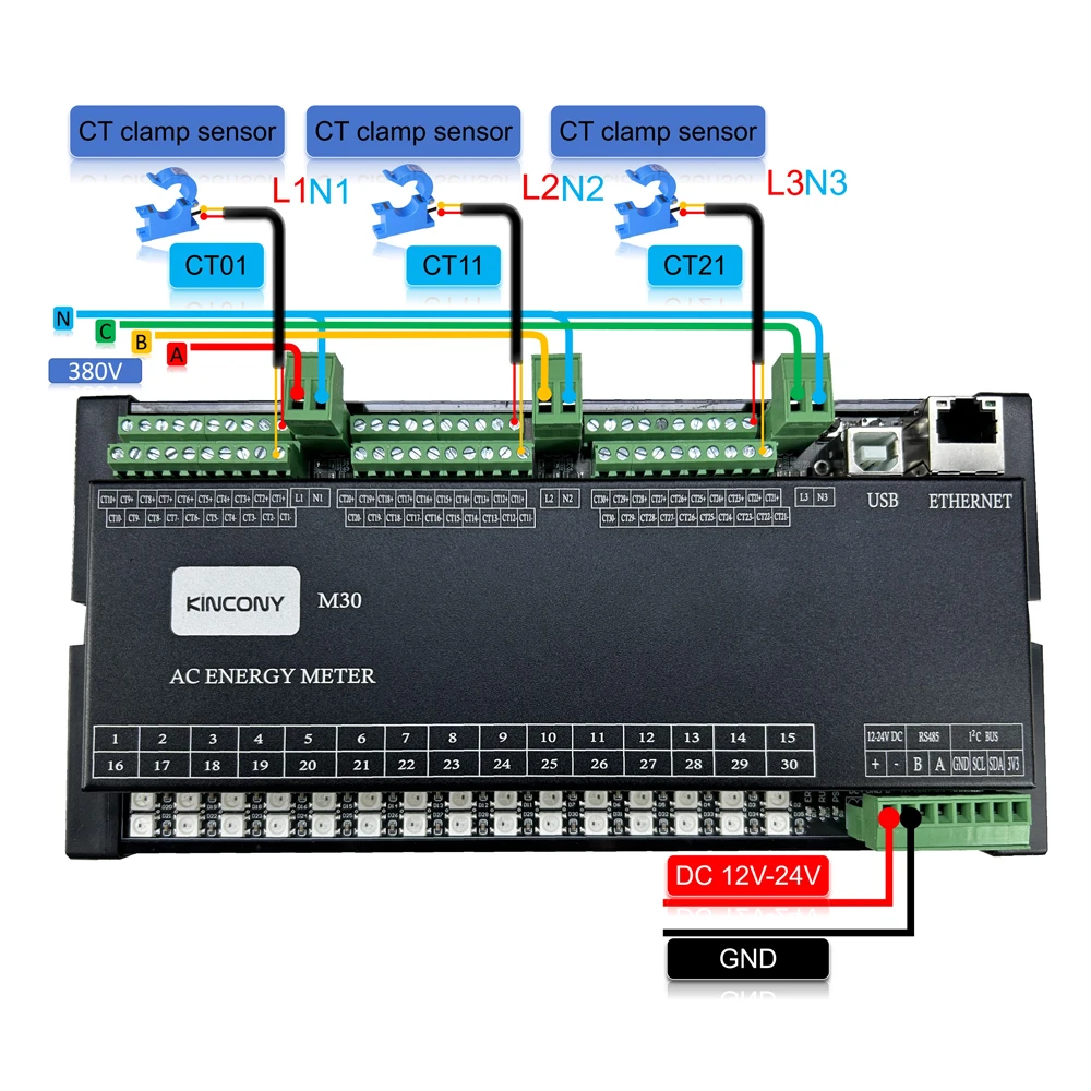 KC868-M30 ESP32 ESPHome 30CH CT Clamp Energy Monitor 3CH ZMPT101B Voltage Board WIFI+RJ45+RS485+4G Modbus IIC RBG LED SD Card